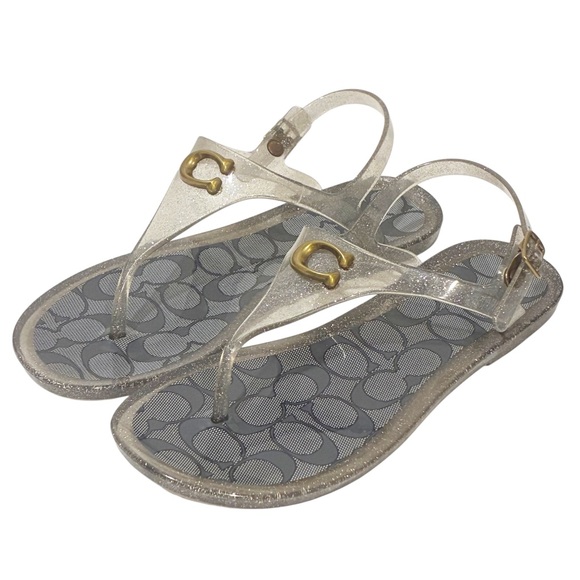 COACH Silver Signature C NATALEE Jelly Thong Sandal Size 6B Women's NEW - Picture 1 of 6